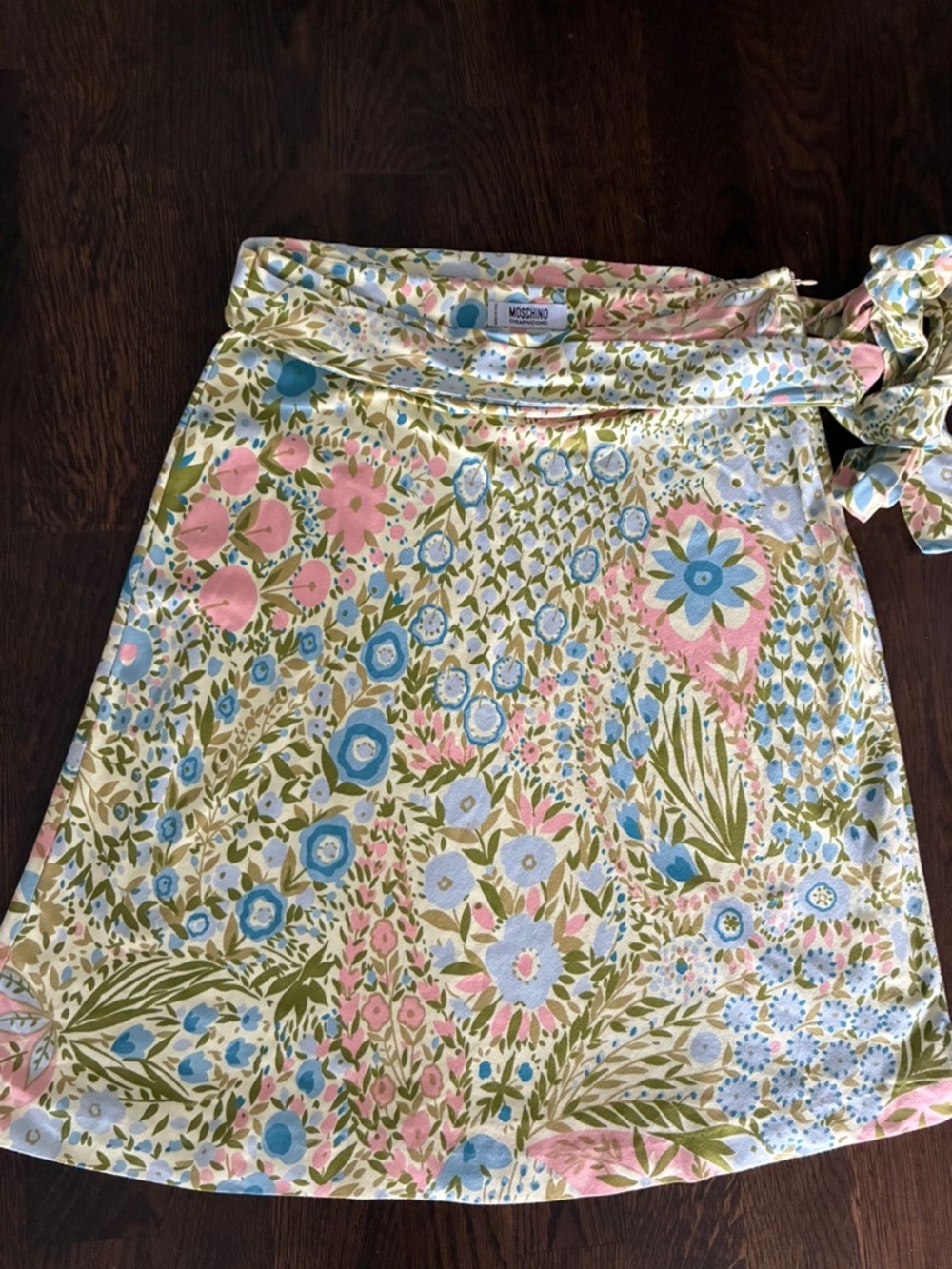Moschino Floral Wrap Skirt in Pastel Blue, Pink & Olive Green